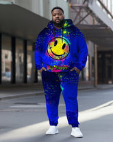 Men's Large Size Blue Smiley Face Splash Ink Hoodie Set of Two